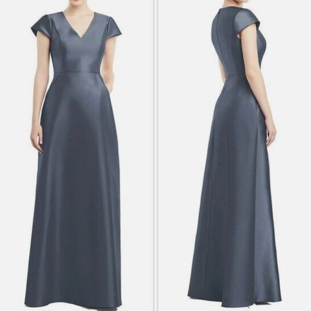 Alfred Sung Dress Size 2 Satin Twill With Cap Sleeve Silverstone Gray D779